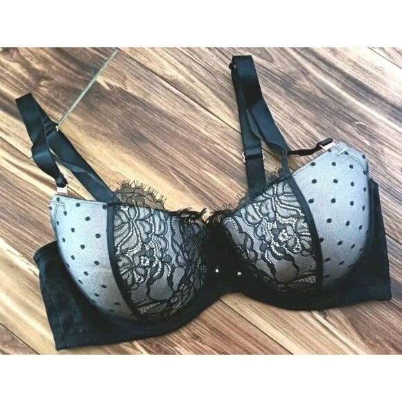 Smart & Sexy Push Up Bra 38DD Black Underwire Balconette Floral Polka Dot Lace - Picture 1 of 11